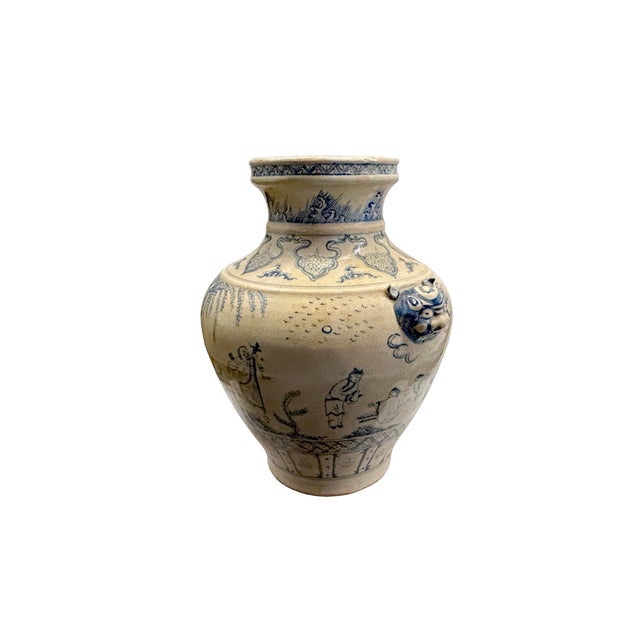 Traditional Vintage Handmade Light Tan Cream Base Blue Scenery Graphic Pottery Ceramic Vase For Sale - Image 3 of 6