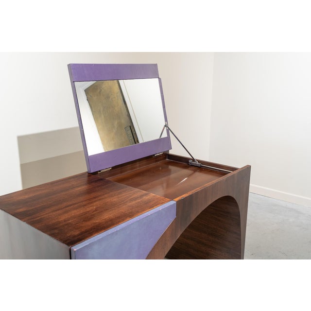 French Postmodern Dressing Table in Walnut Wood and Lilac Leather., 1980s For Sale - Image 11 of 16