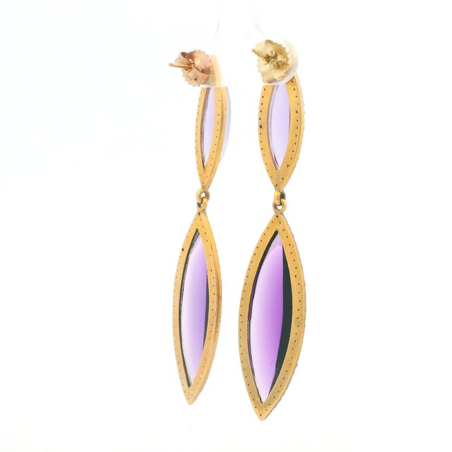 Contemporary Italian 14k Gold Sugarloaf Amethyst & Diamond Drop Earrings, Pair For Sale - Image 3 of 7