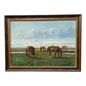 Antique Niels Christiansen Oil Painting - Danish Landscape With Grazing Horses
