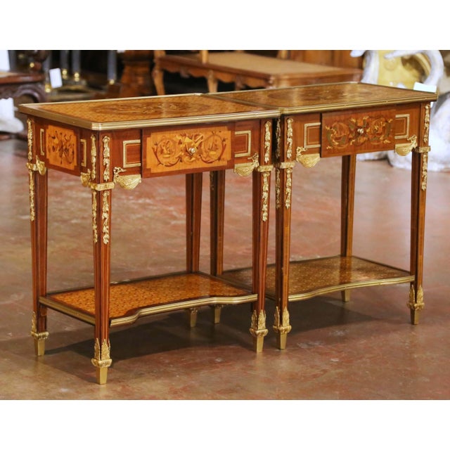 Near Pair of Mid-Century French Louis XVI Ormolu Marquetry Side Tables For Sale In Dallas - Image 6 of 17