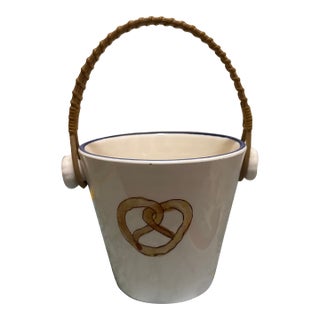 Vintage Ceramic Pretzel Bucket Wicker Handle Mid Century Bavarian Snack Bowl For Sale