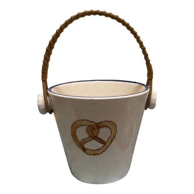 Vintage Ceramic Pretzel Bucket Wicker Handle Mid Century Bavarian Snack Bowl For Sale