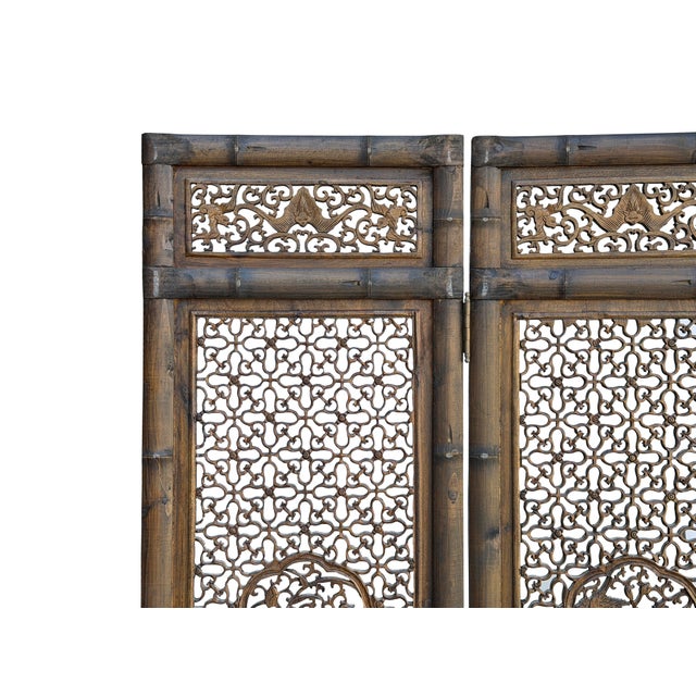 Burnt Umber Vintage Finish Openwork Floral 4 Panels Wood Floor Screen Room Divider For Sale - Image 8 of 10