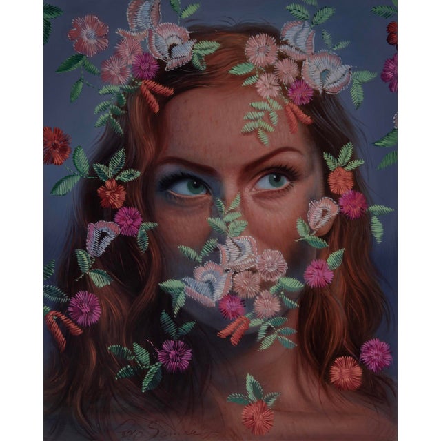 Masked by Pegah Samaie | Oil on ACM panel Portrait of a woman surrounded by floral patterns. For Sale
