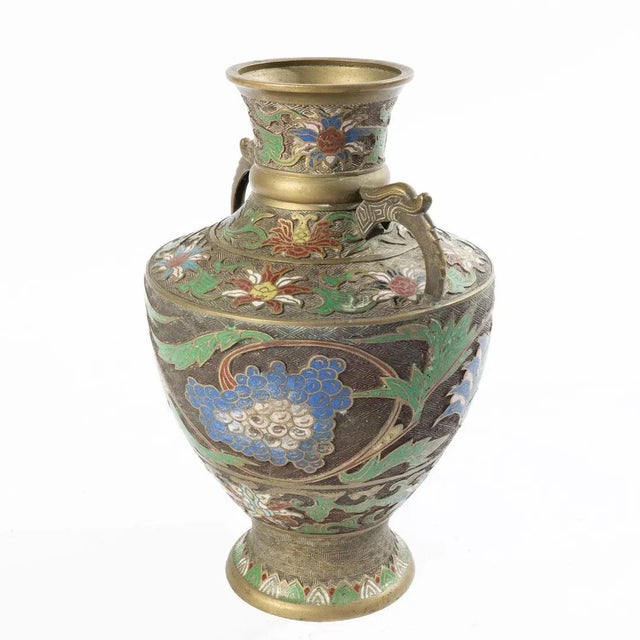 Vintage Japanese Bronze Champleve Vase With Ornate Handles For Sale - Image 6 of 11