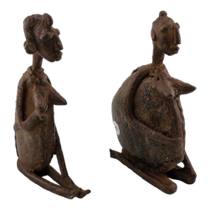 Rare Antique Pair of Sitting Ethnic Tribal Women Bronze Figure Dogon Mali Africa