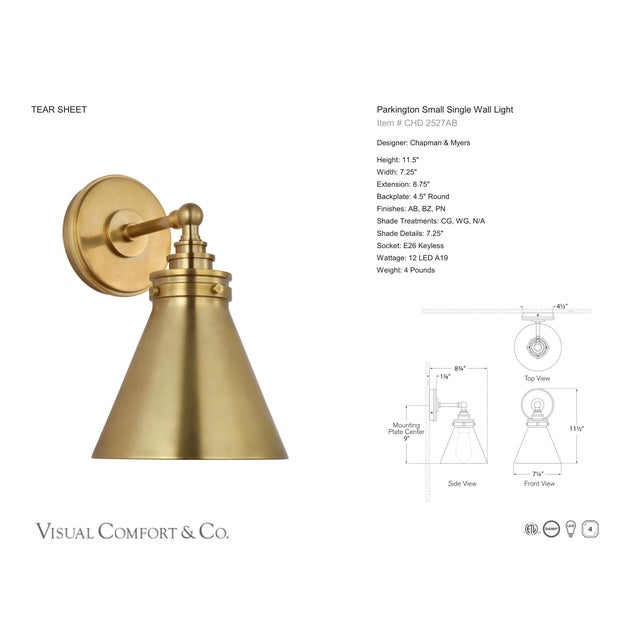 Modern Chapman & Myers for Visual Comfort Signature Parkington Small Single Wall Light in Antique-Burnished Brass For Sale - Image 3 of 5