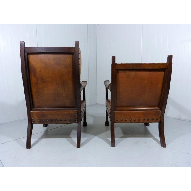 Set of Antique Leather Armchairs with Carps Print, 1890s For Sale - Image 6 of 18