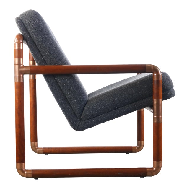 Brass and Walnut Chair with Gray Tweed Upholsterey For Sale