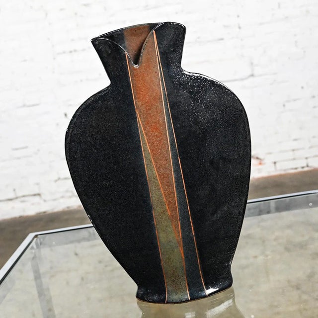 Fabulous Late 20th Century Modern to Postmodern glazed stoneware pottery flattened vase dark blue with center stripe....