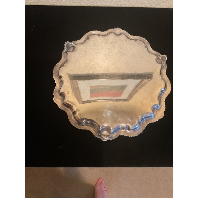 Early 20th Century Vintage Silver Plated Engraved Footed Tray With Scalloped Edge For Sale - Image 5 of 14
