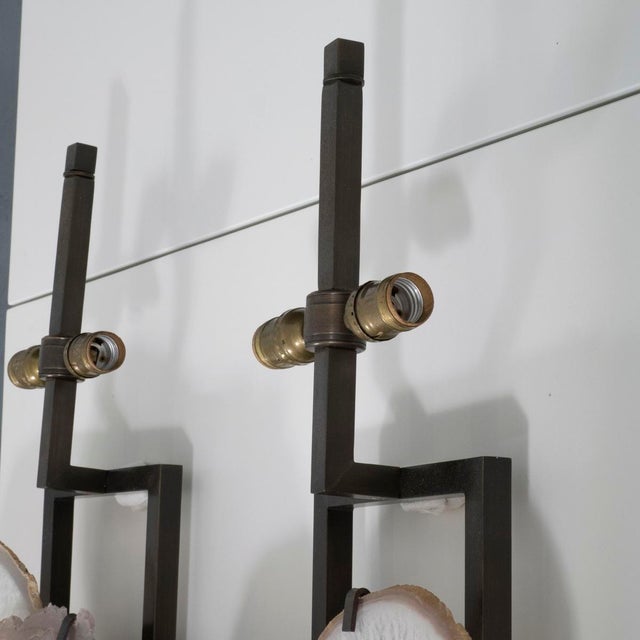 Pair of Cut Agate Wall Sconces With Rectangular Fabric Shades For Sale - Image 11 of 15