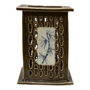 Chinese Distressed Tan White Porcelain Open Motif Square Holder