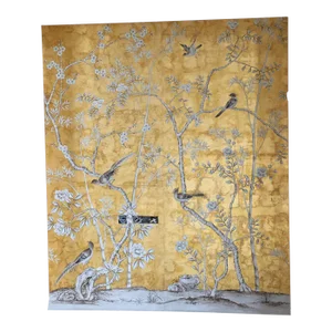 Reserved Order: Chinoiserie Hand Painted Bamboo Floral Wallpaper Panel Mural on Gold Metallic - 6 Panels