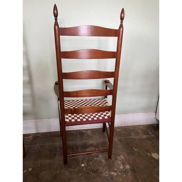 Early 20th Century Pair of Early American Primitive Shaker Style Maple Slat High Back Captain Chairs With Webbed Seats For Sale - Image 9 of 13