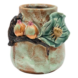 Vintage Barbotine Majolica Vase With Spider and Fig Branch Relief For Sale