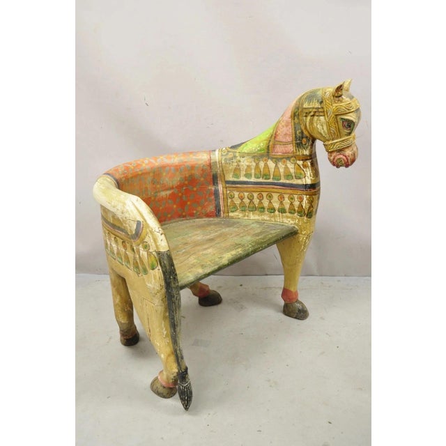 Vintage Figural Primitive Solid Carved Wood Red & Green Horse Bench Seat Chair For Sale - Image 4 of 12