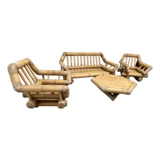 Bamboo Sofas, Armchairs and Coffee Table, 1970, Set of 4 For Sale
