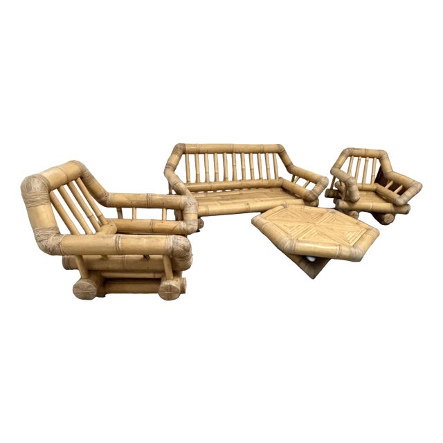 Bamboo Sofas, Armchairs and Coffee Table, 1970, Set of 4 For Sale