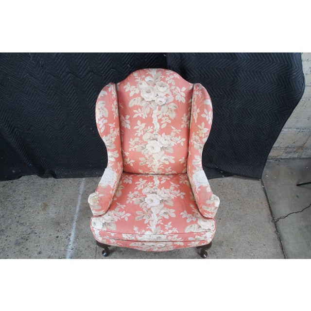 Late 20th Century Ethan Allen Queen Anne 20-7517 Floral Upholstered Sussex Wingback Armchair For Sale - Image 6 of 14