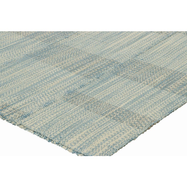 Rug & Kilim’s Contemporary Kilim in Textural Blue and Cream White Stripes For Sale In New York - Image 6 of 7