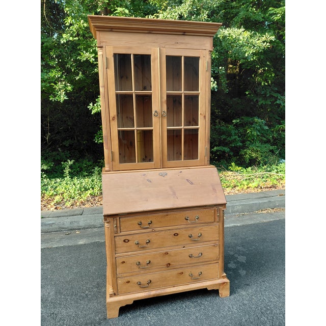 Wood Vintage Country Pine Secretary Desk With Glass-Front Bookcase For Sale - Image 7 of 12