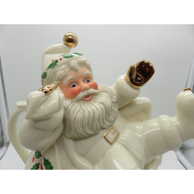 Vintage 1999 Lenox Holiday Collection Christmas Ice Skating Santa Porcelain Tea Pot For Sale - Image 4 of 10