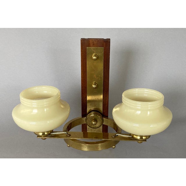 1930s French Art Deco Double Light Wall Sconce, American Shades, Brass and Wood For Sale - Image 4 of 9