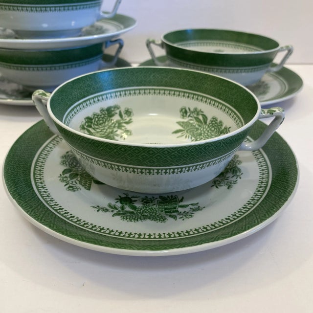 English 1950s Spode Fitzhugh Green Cream Soup & Saucer - Set of 4 For Sale - Image 3 of 12