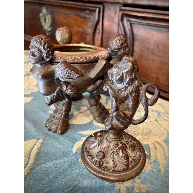 Metal Inkwell Desk in Patinated Bronze with Lid, 1800s For Sale - Image 7 of 8