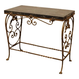 1920's Antique Art Deco Wrought Iron Base Marble Top Side Table For Sale