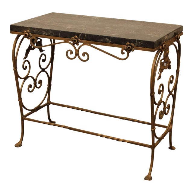 1920's Antique Art Deco Wrought Iron Base Marble Top Side Table For Sale