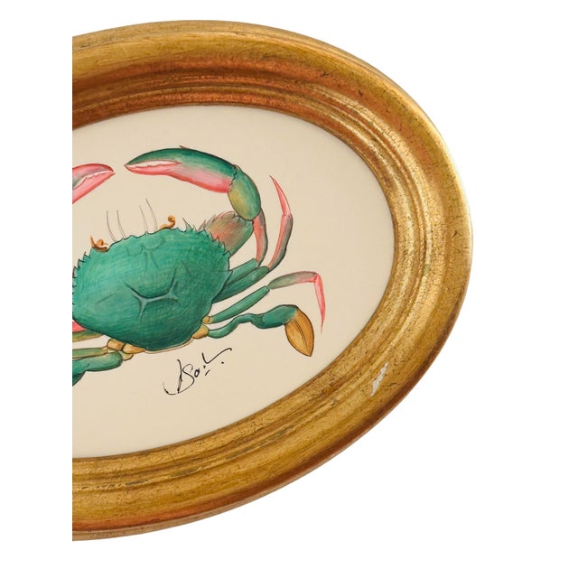 Coastal Original Hand-Painted Crab Painting Framed in a Vintage Italian Frame For Sale - Image 3 of 4