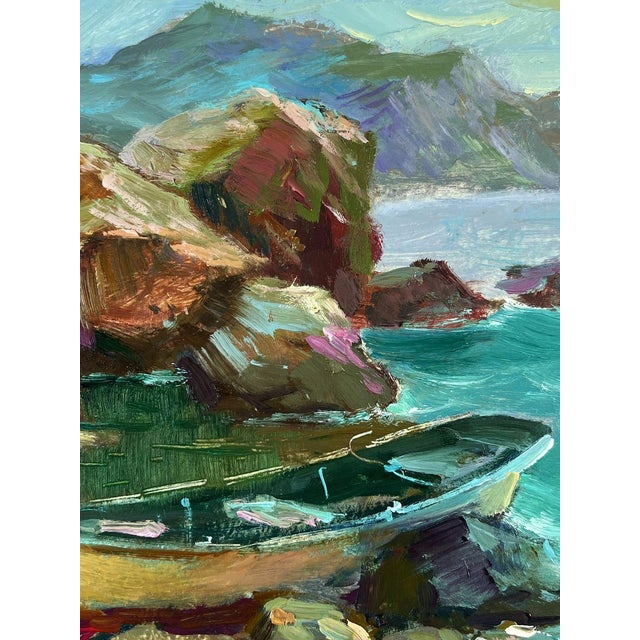 Turquoise Oil Painting the Boat Is Moored on the Shore Yuriy Suprunchuk For Sale - Image 8 of 11