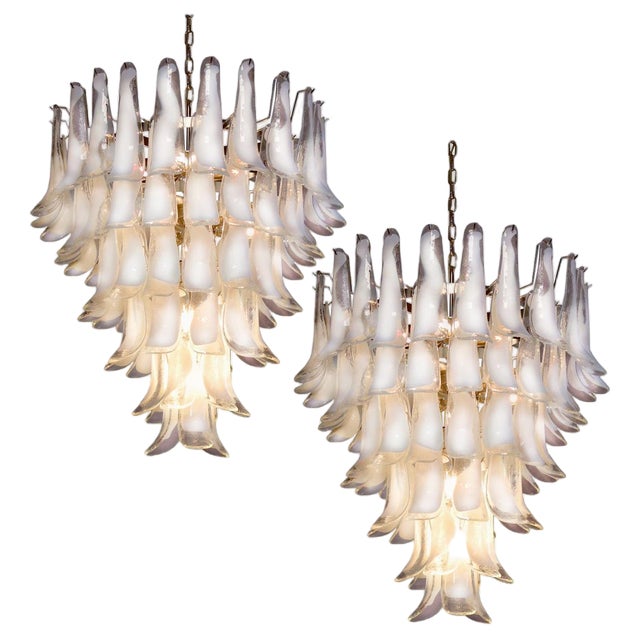Glass 75 White Petal Chandeliers, Murano, 1990s, Set of 2 For Sale