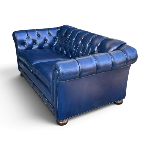 Vintage Chesterfield Navy Blue Tufted Leather Loveseat W/ Brass Trim For Sale - Image 15 of 16