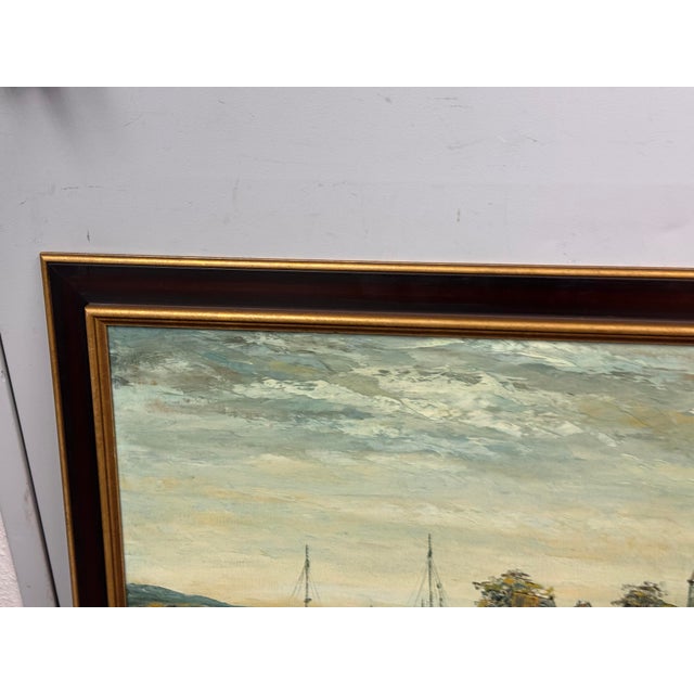 J. Clement Coastal Harbor Oil Painting, Vintage For Sale - Image 4 of 12