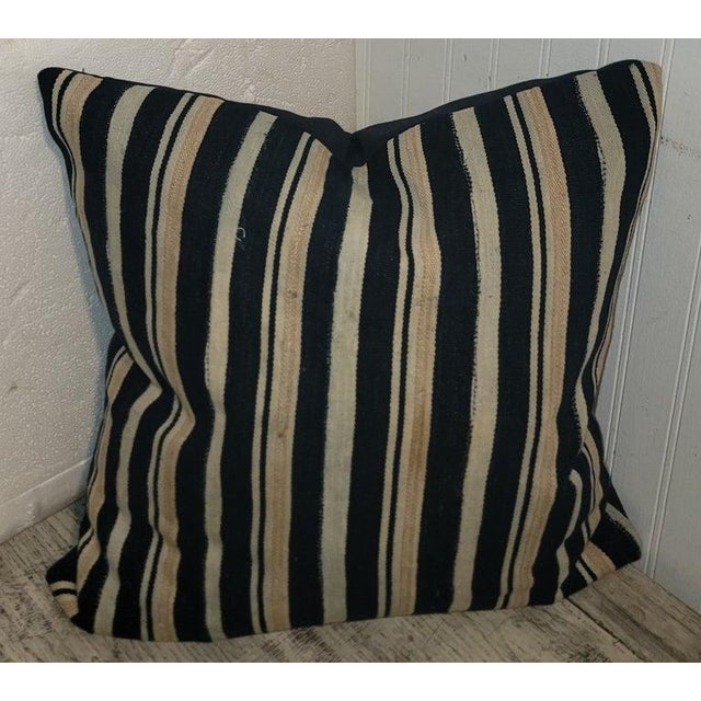 Collection of three Vintage striped blue and white linen pillows. Pillows vary in size 19x19 and 20 x 20. Sold as a...