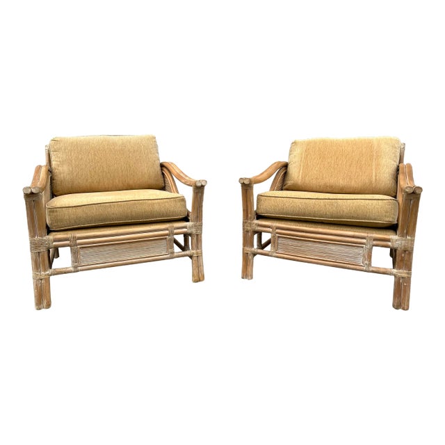 A Pair of Coastal Style Rattan Lounge Chairs Is the McGuire's Manner. Circa 1980s For Sale