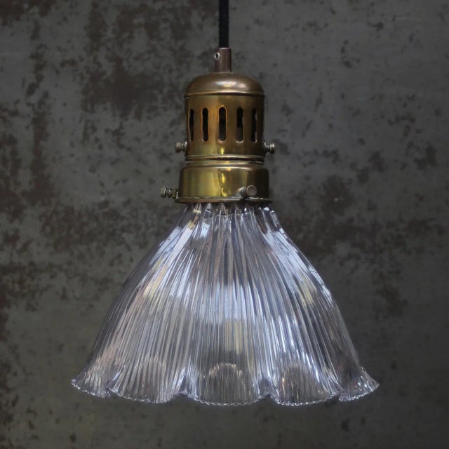 Vintage Glass and Brass Pendant Light from Holophane For Sale - Image 3 of 7
