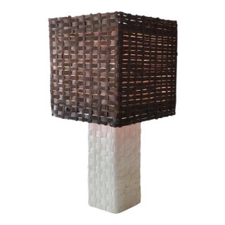 Large Floor Lamp with White Ceramic Base and Woven Shade, 1970s For Sale