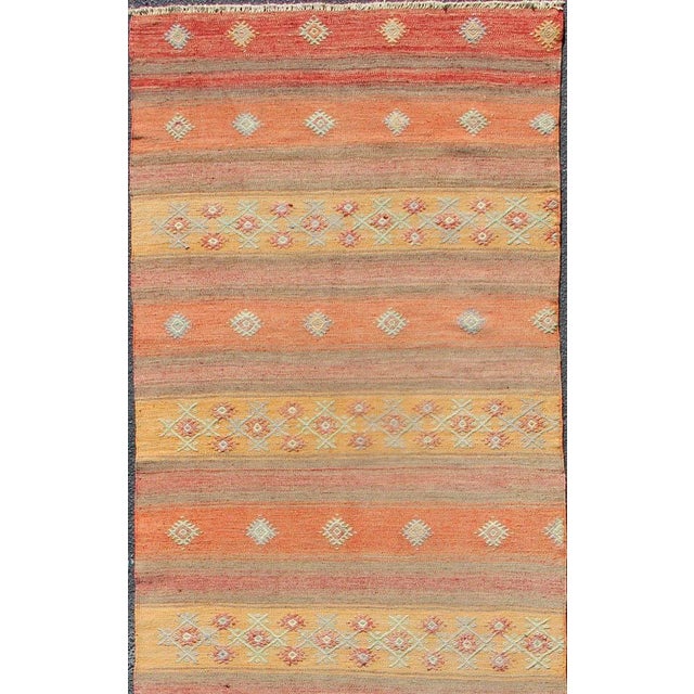 Vintage Turkish Kilim runner with horizontal stripes and scattered geometric shapes, rug , country of origin / type:...