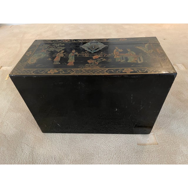Late 20th Century Antique Chinese Hand Painted Pigskin Trunk, Black Lacquer For Sale - Image 10 of 11