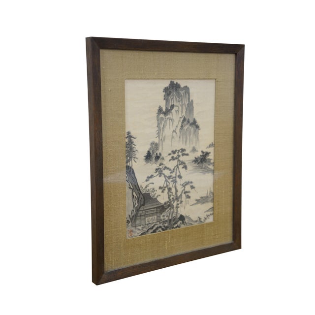 Vintage ink wash / Sumi-e / Shuǐ mò painting after the original by Tenshō Shūbun. The painting depicts a secluded misty...