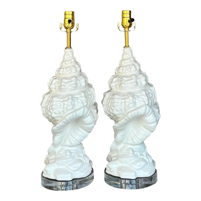 Vintage Coastal Glazed Ceramic Conch Lamps - a Pair For Sale