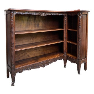 Antique French Corner Bookcase Carved Oak Louis XV Revival Open Shelves C1920 B For Sale