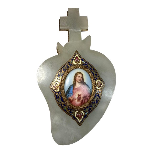 Rare Antique 1800's French Jade Bronze Enamel Champleve Mini Jesus Painting Art For Sale