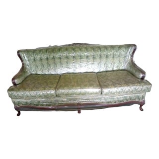 1940s French Provincial Styled, Green Brocade Fabric, Solid Wood-Trimmed Vintage Couch For Sale