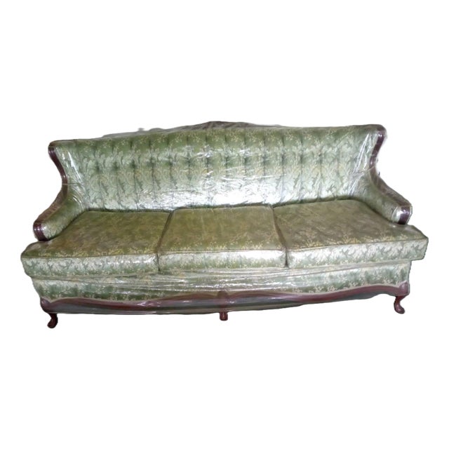 1940s French Provincial Styled, Green Brocade Fabric, Solid Wood-Trimmed Vintage Couch For Sale